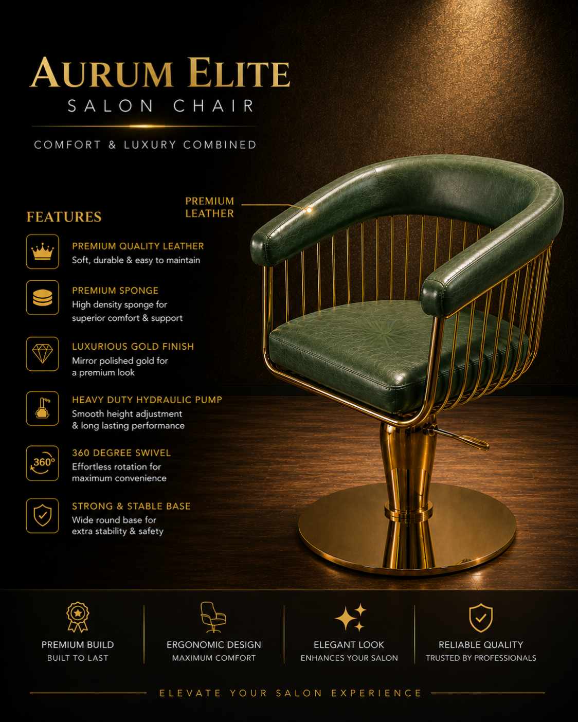 Aurum Elite Salon Chair — emerald leather with gold frame
