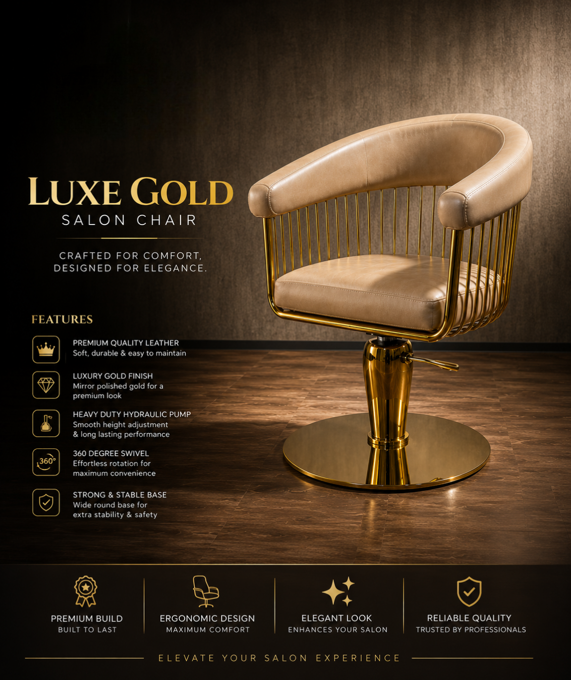 Luxe Gold Salon Chair — camel leather with gold frame