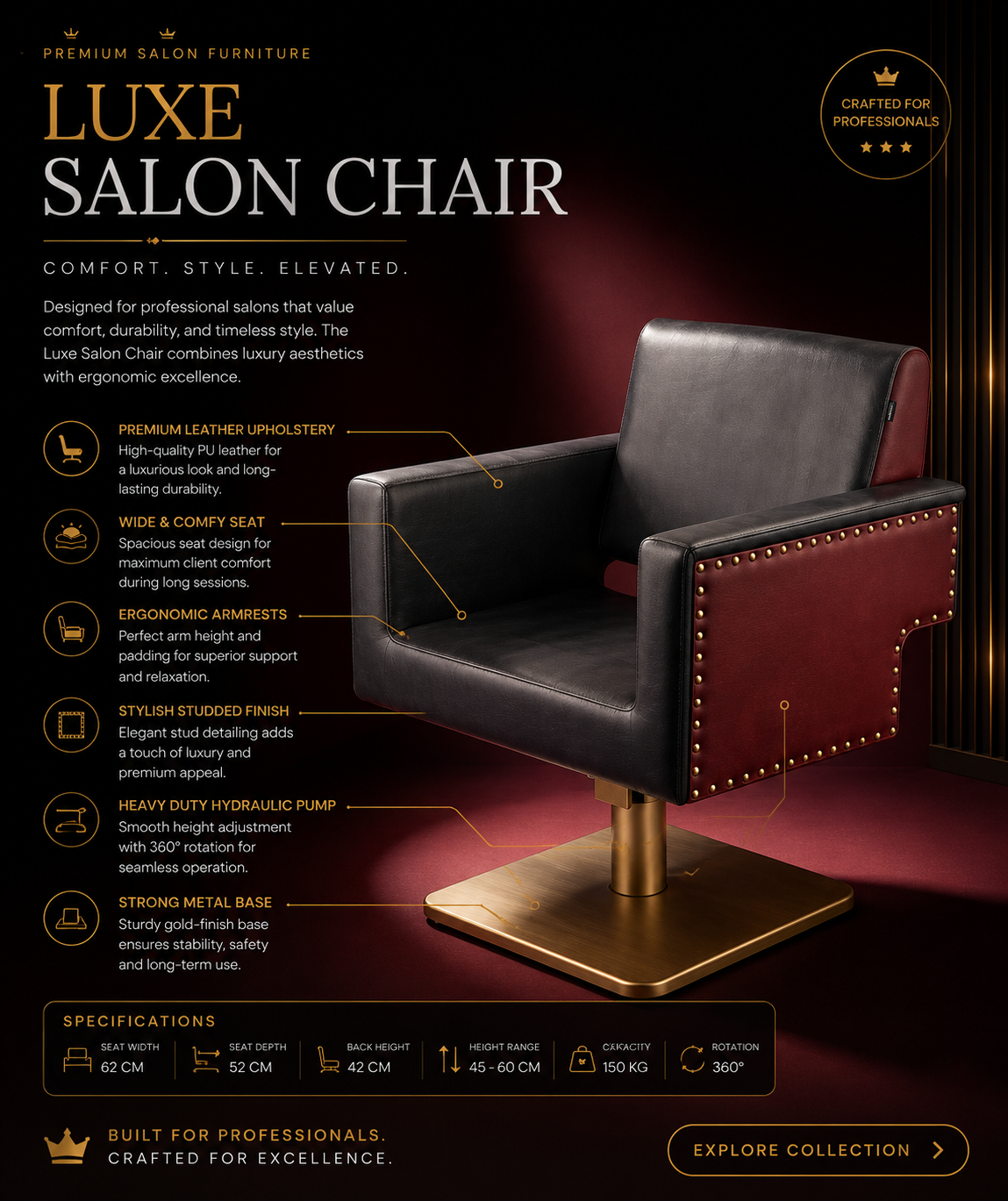 Luxe Salon Chair — black and burgundy studded finish