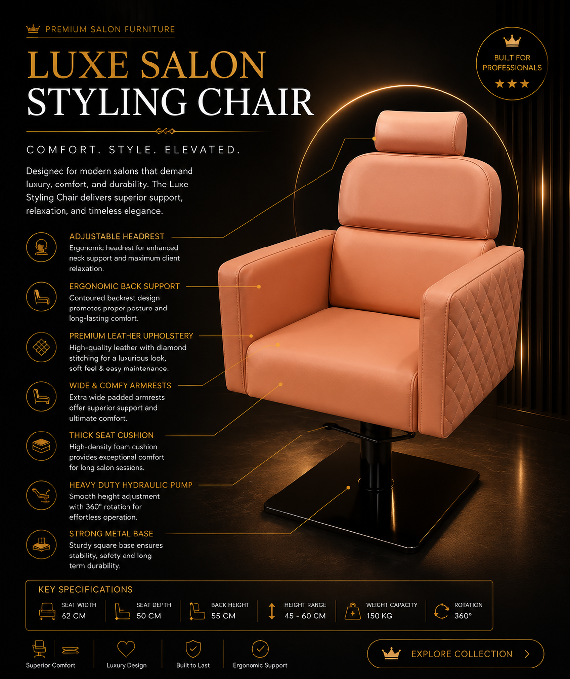 Luxe Salon Styling Chair — coral leather with adjustable headrest